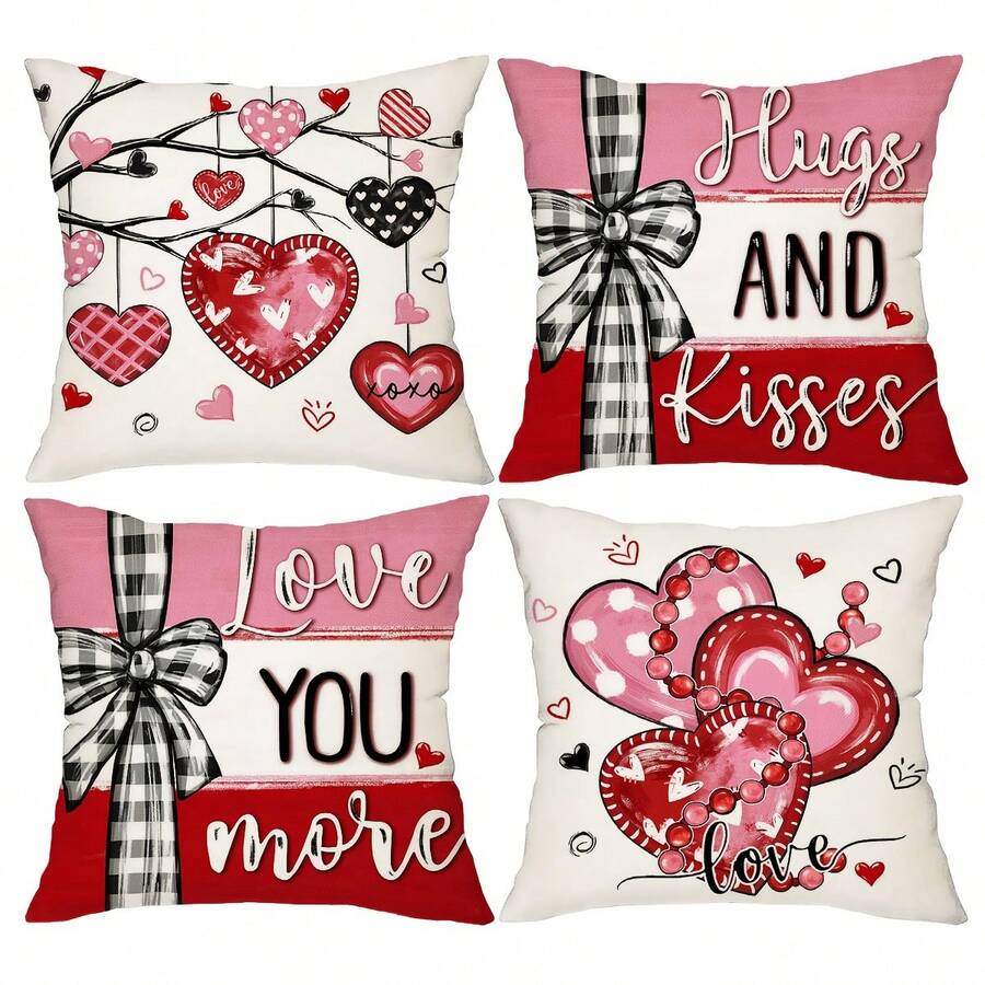 4pcs Valentine's Day Pillow Covers, "Love You More" Heart Striped Bow Print, Minimalist & Cute Peach Velvet Single-Sided Printed Cushion Covers With Zipper Closure, No Pillow Insert Included, Romantic Valentine's Day & Wedding Decor, Suitable For Sofa, Bed, Chair, Bedroom, Living Room, Patio Decoration - Pink - View 1