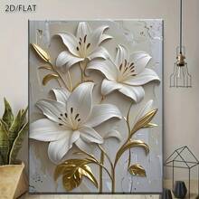 2D Flat, 1pc Wooden Framed Canvas Wall Art, Printed White And Golden Lily Canvas Art With Realistic Embossed Effect - Elegant Floral Wall Decor For Home, Bedroom, Living Room, Office, And Dining Area, Indoor/Outdoor Use, Modern Classic Style, Perfect Gift With Wood Frame, Flower Decor Ready To Hang 16*24 Inches/ 40*60cm - trắng - Xem 1