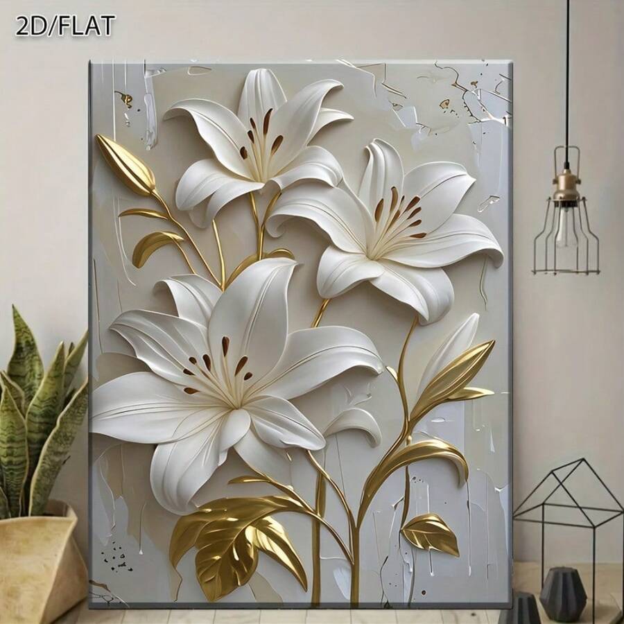2D Flat, 1pc Wooden Framed Canvas Wall Art, Printed White And Golden Lily Canvas Art With Realistic Embossed Effect - Elegant Floral Wall Decor For Home, Bedroom, Living Room, Office, And Dining Area, Indoor/Outdoor Use, Modern Classic Style, Perfect Gift With Wood Frame, Flower Decor Ready To Hang 16*24 Inches/ 40*60cm - trắng - Xem 1