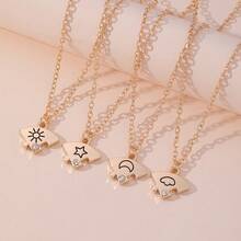4-Piece Set Of Exquisite Creative Sun, Moon And Nebula Irregularly Pieced Pendant Necklace - Fashionable Friendship Jewelry For Girls - 金色 - 查看 2
