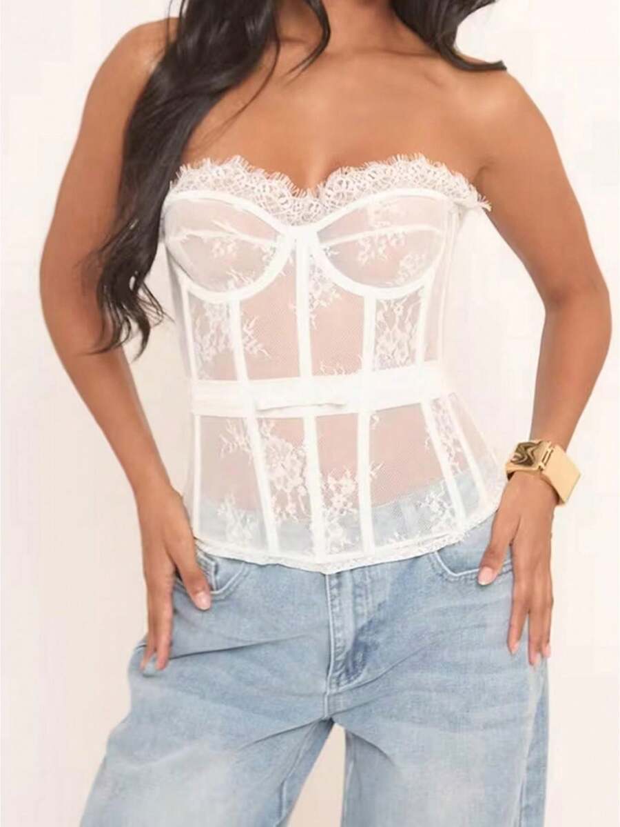 Women Lace Bustier Corset Tops Flower See Through Off Shoulder Sleeveless Body Shaper - trắng - Xem 1