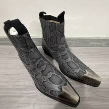 男士复古西部踝靴，金属鞋头蛇皮尖头切尔西靴 - 灰色 - 查看 6