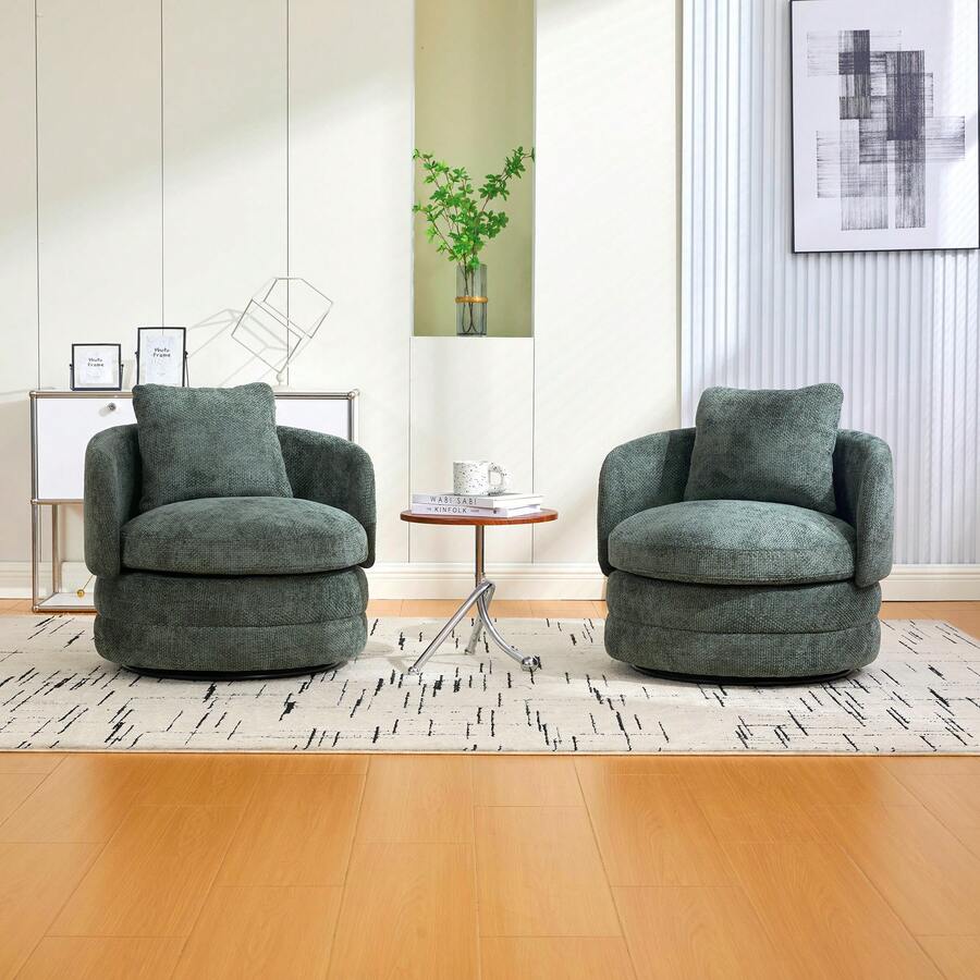 30" W Modern Swivel Barrel Chair – 360° Rotating Chenille Accent Chair With Removable Pillow – Plush Club Chair For Living Room/Bedroom (Ergonomic Design) Couch Sofa Living Room Bespoke Chair - 綠色-可旋轉裝飾椅+抱枕-雪尼爾 - 查看 1