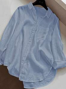 Women's Casual Solid Color Front Button Curved Hem Shirt - Light Wash - View 5
