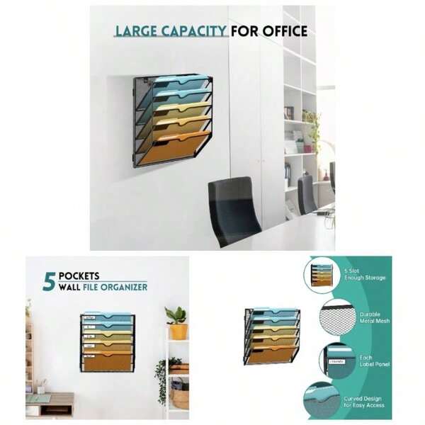 5 - Tier Wall File Organizer Mesh Office Mail Holder, Hanging Wall Organizer Magazine Rack Office Black
