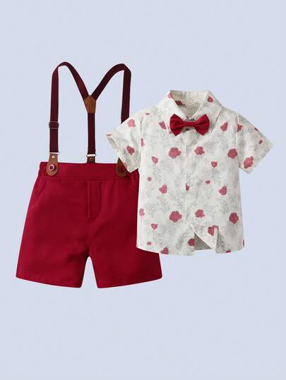 BOARNSEORL Young Boys Gentleman Outfit: Short Sleeve Rose Print Shirt With Bowknot And Suspender Shorts, Fashionable, Suitable For Dances, Birthdays, Parties, Daily Outings, Weddings And Banquets
