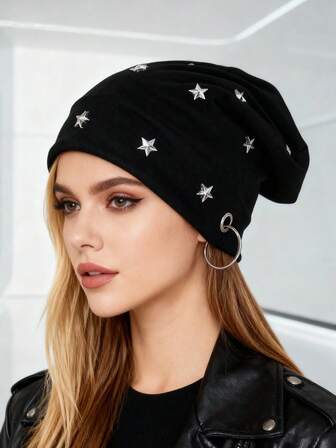 1顶黑色朋克摇滚复古金属铆钉星星图案保暖针织帽，时尚简约男女通用配饰，适合日常和街头穿搭。保暖配饰