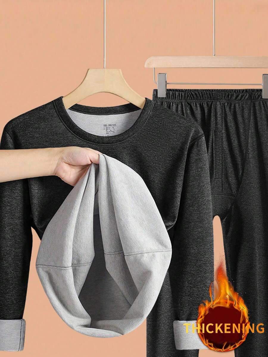 1 套男士秋冬保暖服装，弹性面料底层紧身家居服，保暖内衣套装 - 深灰色 - 查看 1