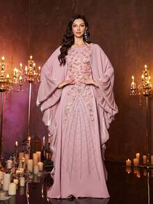 UNITHORSE Women's [Random Cut] Stand Collar Batwing Sleeve Maxi New Luxury High-End Elegant Sequin Lace Patchwork Matte Satin Women's Dress - Pink - View 1