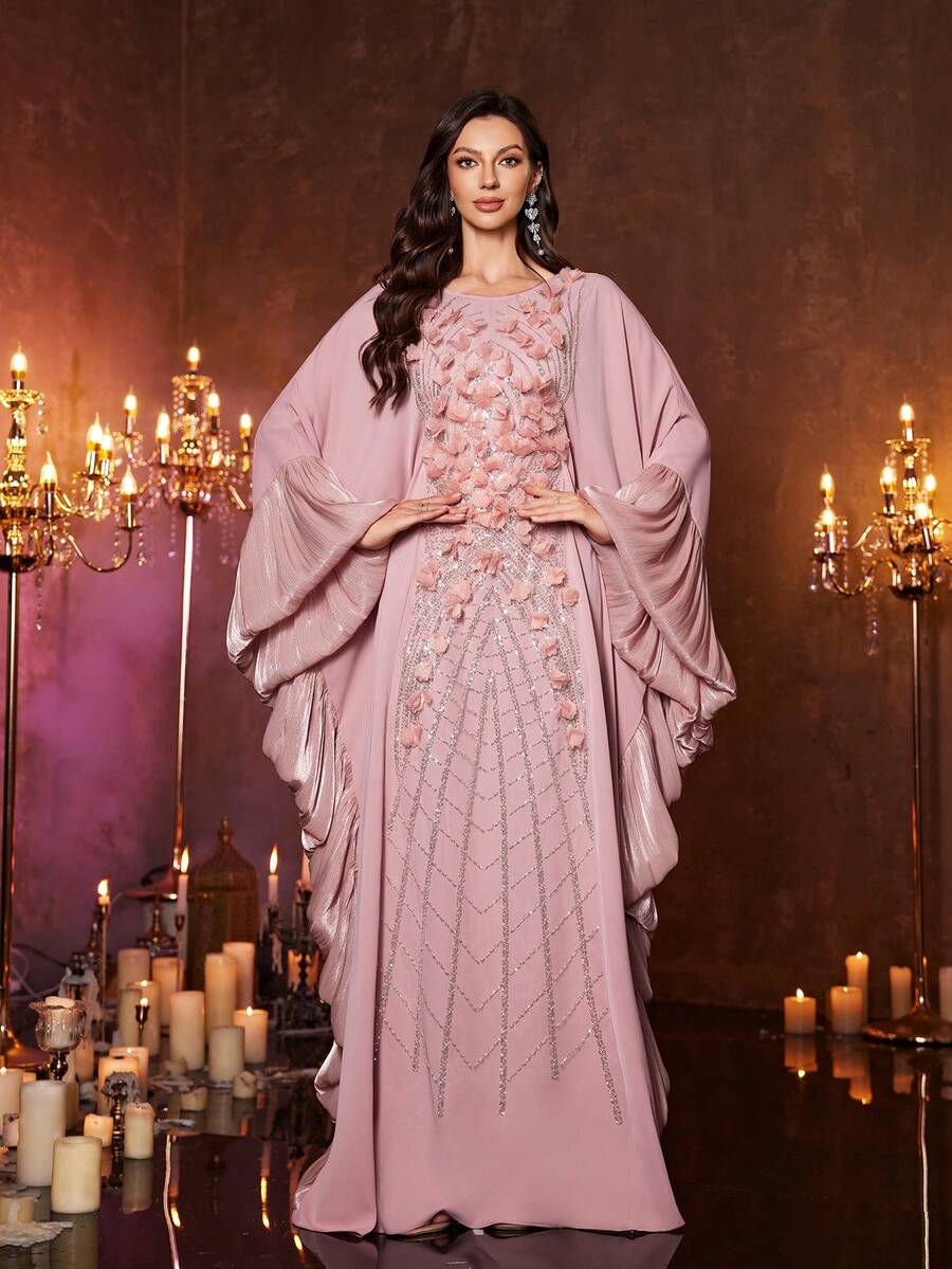 UNITHORSE Women's [Random Cut] Stand Collar Batwing Sleeve Maxi New Luxury High-End Elegant Sequin Lace Patchwork Matte Satin Women's Dress - Pink - View 1