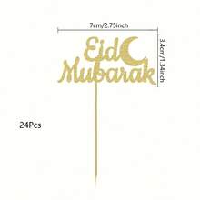 12/24 chiếc que cắm bánh cupcake lấp lánh vàng "Eid Mubarak" | Que cắm bánh hình trăng lưỡi liềm | Trang trí lễ Eid Ramadan theo đạo Hồi - Nhiều màu - Xem 12