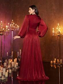 Stand Collar Lantern Sleeve Hollow Design Cinched Waist Flared Dress, Elegant Chiffon Fabric Party Evening Gown