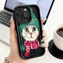 Cubierta de teléfono con diseño de gato en gorro y bufanda roja y verde con texto Meowy para uso diario y oficinaCompatible with  16 Pro Max/16 Plus/16 Pro/16/15 Pro Max/15 Plus/15 Pro/15/14 Pro Max/14 Plus/14 Pro/14/13 Pro Max/13 Pro/13/12 Pro Max/12 Pro/12/11 Pro Max/11 Pro/11/XS Max/XR/X/7 Plus/7 TPU Drop-Proof and Stain-Resistant Protective Soft Case - Café integral - Ver 1