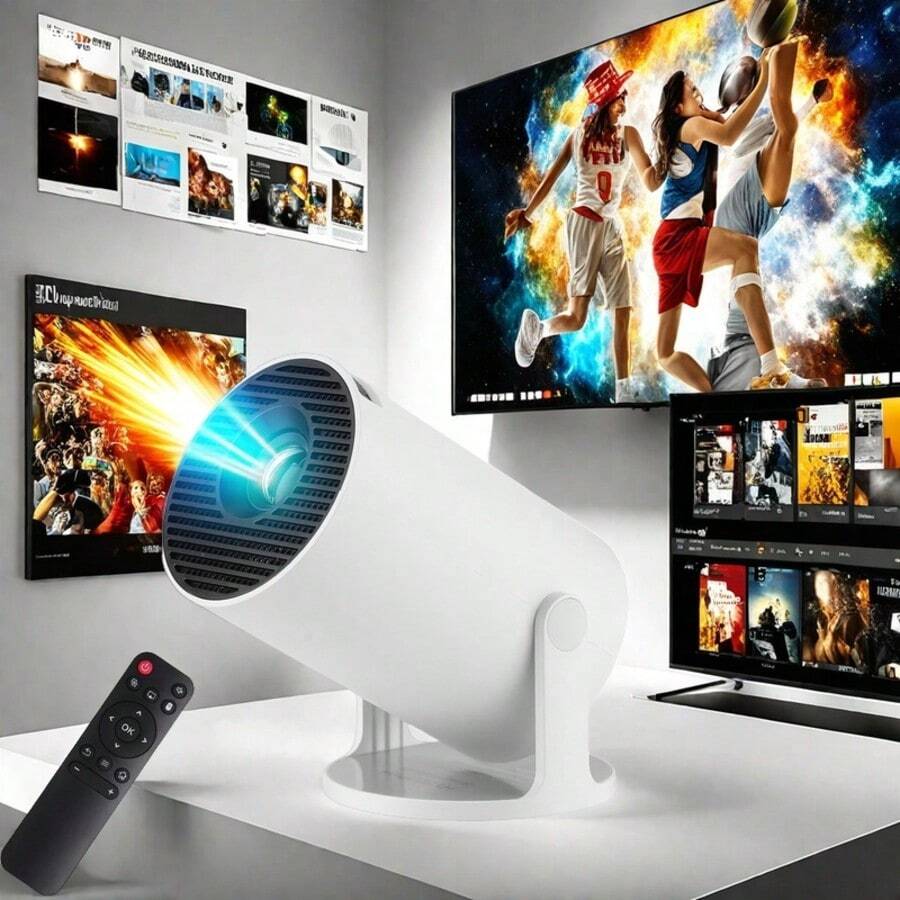 HY300 Pro+ 智能安卓 11 迷你投影仪 | 支持 4K/1080P、WiFi6 和蓝牙 5.0 便携式家庭影院，带自动水平校正功能，户外电影投影仪（白色，欧规插头）