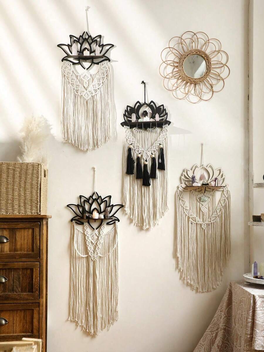 1 tấm treo tường Macrame Boho, kệ treo tường trang trí hình hoa sen, tranh treo tường tua rua Bohemian, kệ trưng bày pha lê, đồ trang trí nhà Boho Chic cho phòng khách, phòng ngủ, đồ trang trí tâm linh, đồ trang trí Macrame thủ công có tua rua - Nhiều màu - Xem 1
