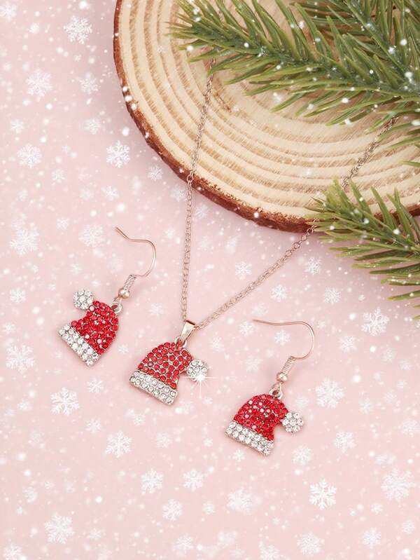 1 Set Of 3pcs Winter Elegant Rhinestone Decor Christmas Hat Pendant Necklace & Earrings Set For Women