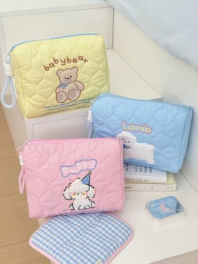 绗缝撞色化妆包，大容量毛绒刺绣化妆品收纳套装，手提旅行洗漱包，日常时尚可爱女士手拿包