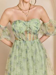 Mgiacy-流行、露肩、印花、细网眼、泡泡袖、大摆、高端、少女、连衣裙 - 綠色 - 查看 6