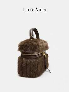 Fashionable Furry Chain Decor Lunch Box Bag, Vintage Casual Handbag Shoulder Crossbody Bag - Coffee Brown - View 5
