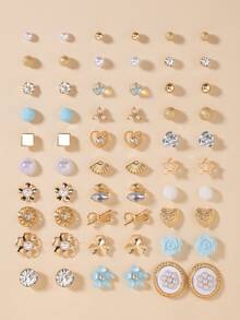 30 Pairs/Set Minimalist Fashion Women Stud Earrings Set, Cute Flower, Heart, Rhinestone, Faux Pearl, Square, Geometric Designs, Suitable For Daily And Holiday Wear, Gift - Multicolor - View 1
