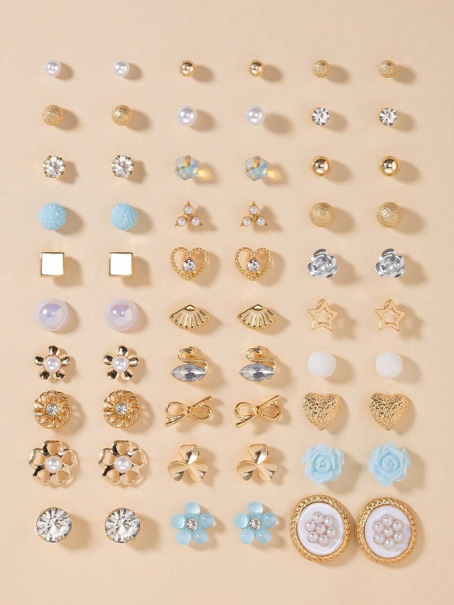 30 Pairs/Set Minimalist Fashion Women Stud Earrings Set, Cute Flower, Heart, Rhinestone, Faux Pearl, Square, Geometric Designs, Suitable For Daily And Holiday Wear, Gift - Multicolor - View 1