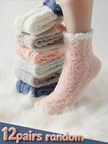 12 Pairs Cozy Plush Fuzzy Socks - Thermal Winter Non-Slip Grippy Socks In Assorted Candy Colors For Ultimate ComfortPerfect For Cold Mornings And Lounging Weekends-Style & Comfort In One Pack. - 12PAIRS Random Color - View 1