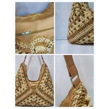 Large Women's Boho Chic Style Handbag – Synthetic Straw Shoulder Bag For Summer And Everyday Use - Kaki/Be - Xem 4