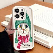 Cubierta de teléfono con diseño de gato en gorro y bufanda roja y verde con texto Meowy para uso diario y oficinaCompatible with  16 Pro Max/16 Plus/16 Pro/16/15 Pro Max/15 Plus/15 Pro/15/14 Pro Max/14 Plus/14 Pro/14/13 Pro Max/13 Pro/13/12 Pro Max/12 Pro/12/11 Pro Max/11 Pro/11/XS Max/XR/X/7 Plus/7 TPU Drop-Proof and Stain-Resistant Protective Soft Case - Café integral - Ver 4