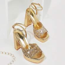 Elisabet Tang 4IN Rhinstone Square Toe Platform Strappy Chunky Block Dressy Heeled Sandals Sparkly Lizard Pattern Leather Heels For Evening PromChristmas - 紫色 - 查看 2