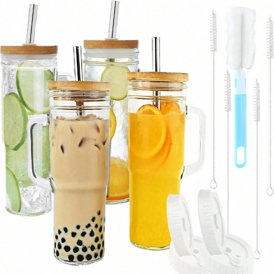 4 Pack 24oz Glass Cups With Lids And Straws, Glass Tumbler With Handle, Reusable Iced Coffee Cup With Lids-Mason Jar With Lid And Straw,Boba Cup For Cold & Hot Drinks,Smoothies Cup,Travel Mug - Transparent - View 1