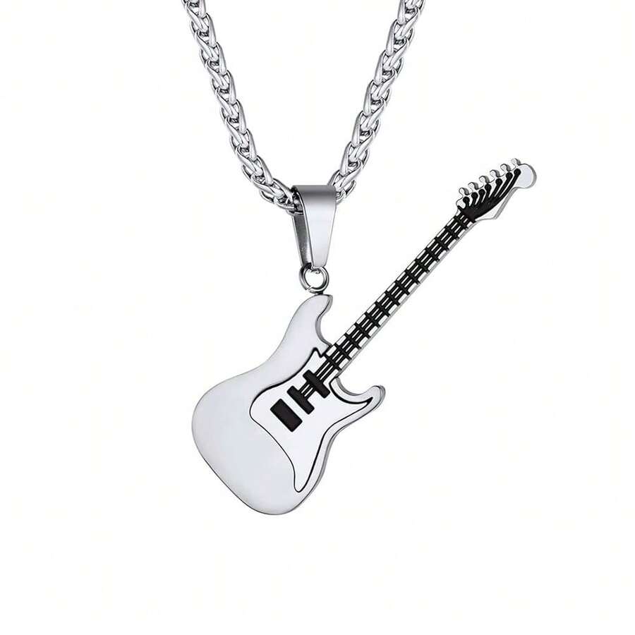 Suplight Silver Electric Guitar Charm For Men Women Rock Punk Music Jewelry Stainless Steel Custom Engrave Guitar Bass Pendant Necklace,03.Guitar-Stainlesssteel - 03.吉他-不鏽鋼 - 查看 1