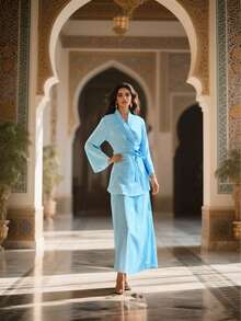 2 件套优雅女士时尚个性化长袖复古印花缎面 V 领连衣裙套装、复古上衣和裙子 - 藍色 - 查看 3