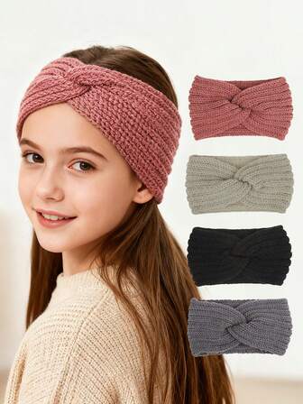 4 Packs Solid Color Criss-Cross Knit Headbands - Stretchy Ear Warmers For Tween Teen Girls 8-16 Years, Warm Windproof For Winter Daily Casual & Outdoor Wear