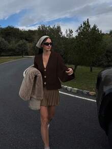 Women's Gold Button Long Sleeve Knit Cardigan, Solid Color Pockets, Casual Autumn, Retro Style For Back To School, Date Night - Coffee Brown - View 8