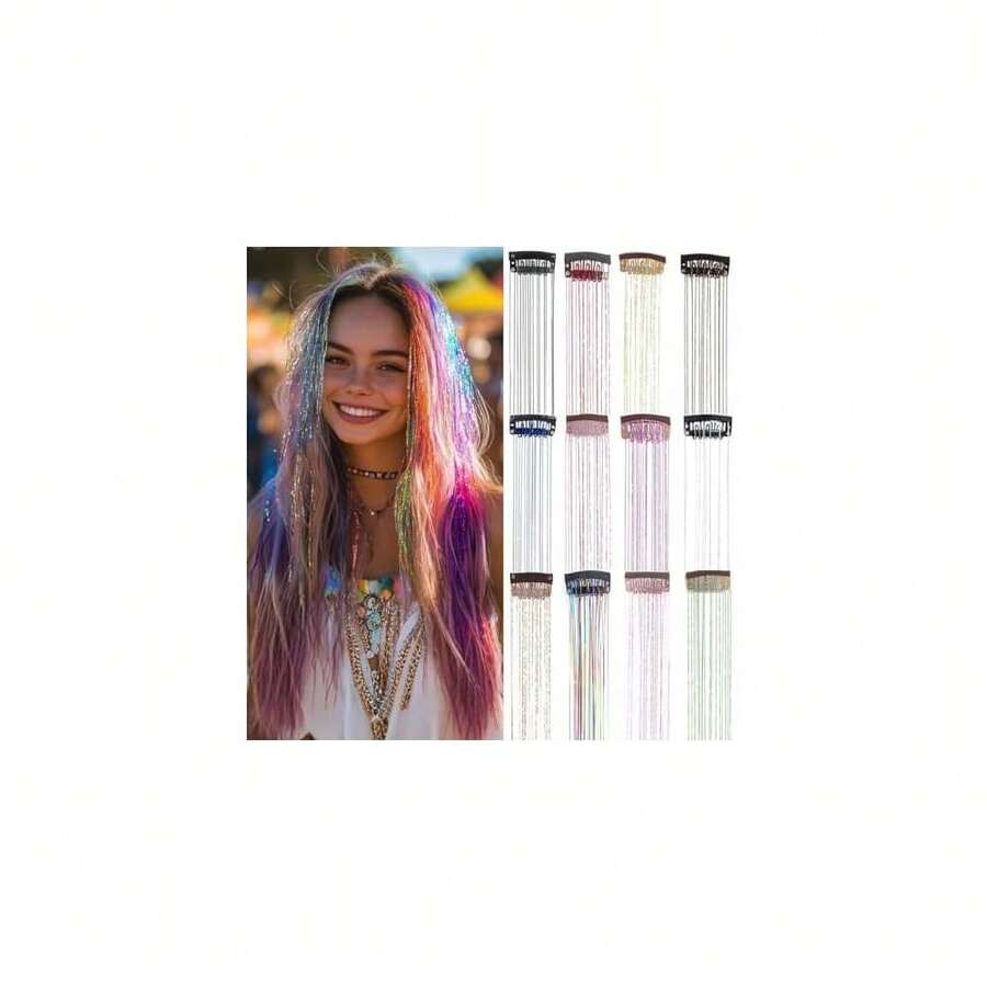Hair Tinsel Clip In Tinsel Hair Extensions Fairy Glitter Hair Tinsel Kit For Women Heat Resistant 12 Colors 21.5In 12Pcs Festival Accessories For Party, Christmas, New Year, Halloween, Cosplay,12colorsin1package - 12種顏色/1包 - 查看 1