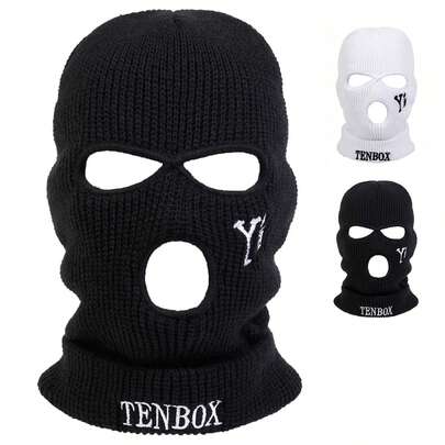 1pc Men's TENBOX Embroidered Letter Knit Beanie Hat, 3-Hole Balaclava, Outdoor Casual Cap Suitable For Autumn/Winter Travel, Windproof And Warm