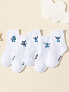 Disney 1/5/10 pares de calcetines deportivos para niños/niñas de primavera/verano, calcetines con barra doble, calcetines escolares, calcetines tobilleros con adorno de encaje, decorados con diseños de dibujos animados lindos, de moda, suaves y amigables con la piel, que absorben la humedad y transpirables, calcetines de encaje versátiles y casuales, adecuados para volver a la escuela, el campus, deportes, el aula, el nuevo semestre, estudiantes - Blanco - Ver 2