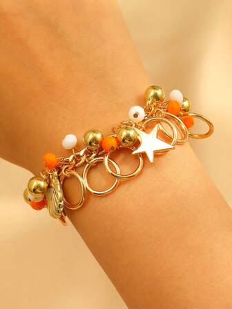 1件波西米亚风海星、贝壳、花朵和心形吊坠手链，适合女性日常和度假佩戴，精美礼品
