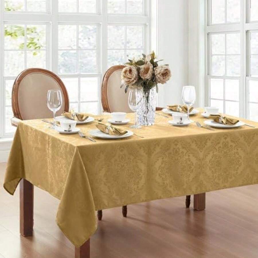 Home Fashions Caiden Elegance - Mantel de Tela de Damasco Impermeable, Resistente a Las Manchas y Las Arrugas, 60 x 144 Pulgadas, Rectangular/Rectangular, Gris Pardo(304.8 x 152.4 cm (Rectangular) Dorado) - Multicolor - Ver 1