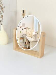 1pc Wooden Frame Mirror, Minimalist Desktop Double-Sided Magnifying Makeup Mirror, Rotatable Circular Household Vanity Mirror - Multicolor - View 3