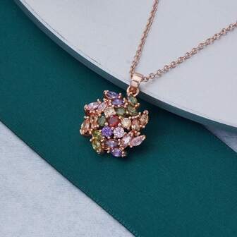 1 pieza Collar colgante chapado en oro rosa de cobre, con diseño de circonita cúbica multicolor brillante, collar de moda para mujer, adecuado para uso diario y ocasiones de fiesta