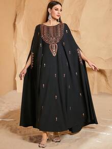 Elegant Women's Long Black Arabian Dress With Batwing Half Sleeves And Statement Metallic Embroidery Round Neck Woven Fabric