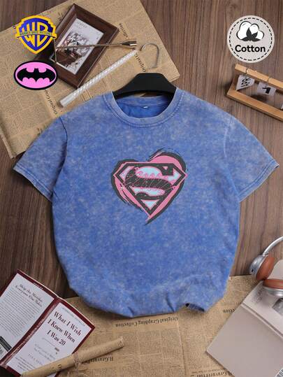 Warner Bros LILL, Fall "Super Girl" Graphic Women's T-Shirt Tops, Slightly Stretchy Fitted Washed And Distressed Cotton Denim Blue Crew Neck Short Sleeve T-Shirt, Casual Holiday Party T-Shirt Tops