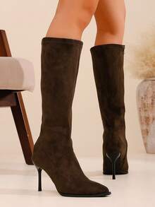 Women's Fashion Slim Heel Over-The-Knee Boots, New Autumn/Winter Versatile Straight-Tube Boots, High Heel Brown Faux Suede Thigh-High Side Zipper Long Boots - Coffee Brown - View 6