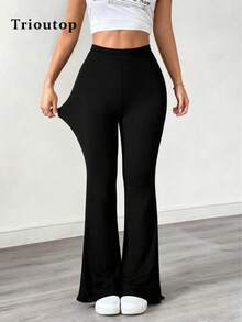 Trioutop 女士喇叭形压缩裤 - 高腰纯色，适合跑步和瑜伽 | 女士下装，女士春季紧身裤 - 黑色 - 查看 2