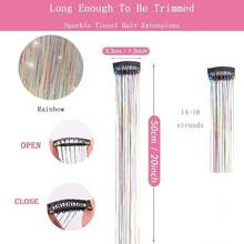 Hair Tinsel Clip In Tinsel Rainbow Fairy Glitter Hair Tinsel Kit For Women Hair Extensions Heat Resistant 21.5In 12Pcs Festival Accessories For Party, Christmas, New Year, Halloween, Cosplay,Rainbow - Rainbow - 查看 3