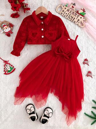 Set de 2 piezas, regalo de fiesta de cumpleaños para niñas: Chaqueta con bordado 3D en forma de corazón y falda vestido de malla irregular con corbata de lazo a rayas