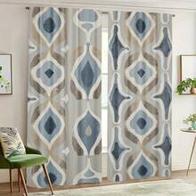 Conjunto de 2 Cortinas Boêmias com Estampa Geométrica em Grade - Design Moderno com Bolsa para Varão, Padrões em Azul e Bege, Perfeitas para Decoração de Quarto, Sala de Estar ou Escritório, Fibra de Poliéster, Laváveis à Máquina, Cortinas Versáteis para Sala de Estar - Multicolorido - Ver 7