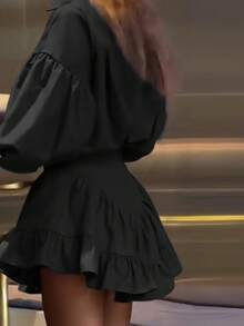 Elegancki damski komplet mini spódniczki z falbanką, 2 sztuki, jednolity kolor, elegancki