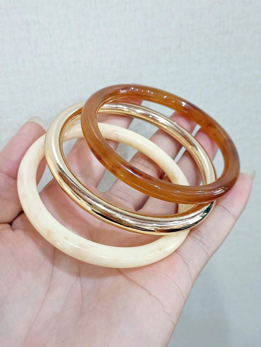 3pcs/Set Fashionable Elegant Exaggerated Retro Acrylic Bangle Bracelet Set With Gold CCB Bracelet, Simple Design, Suitable For Daily And Party Wear, All Seasons